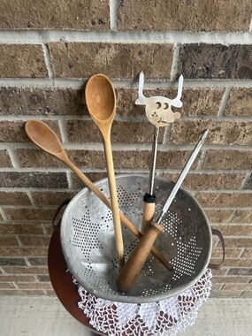 Vintage Metal Colander with Wooden Utensils